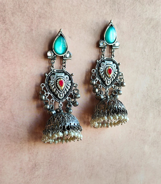 Noor Antique Silver Jhumkas with Turquoise Stone