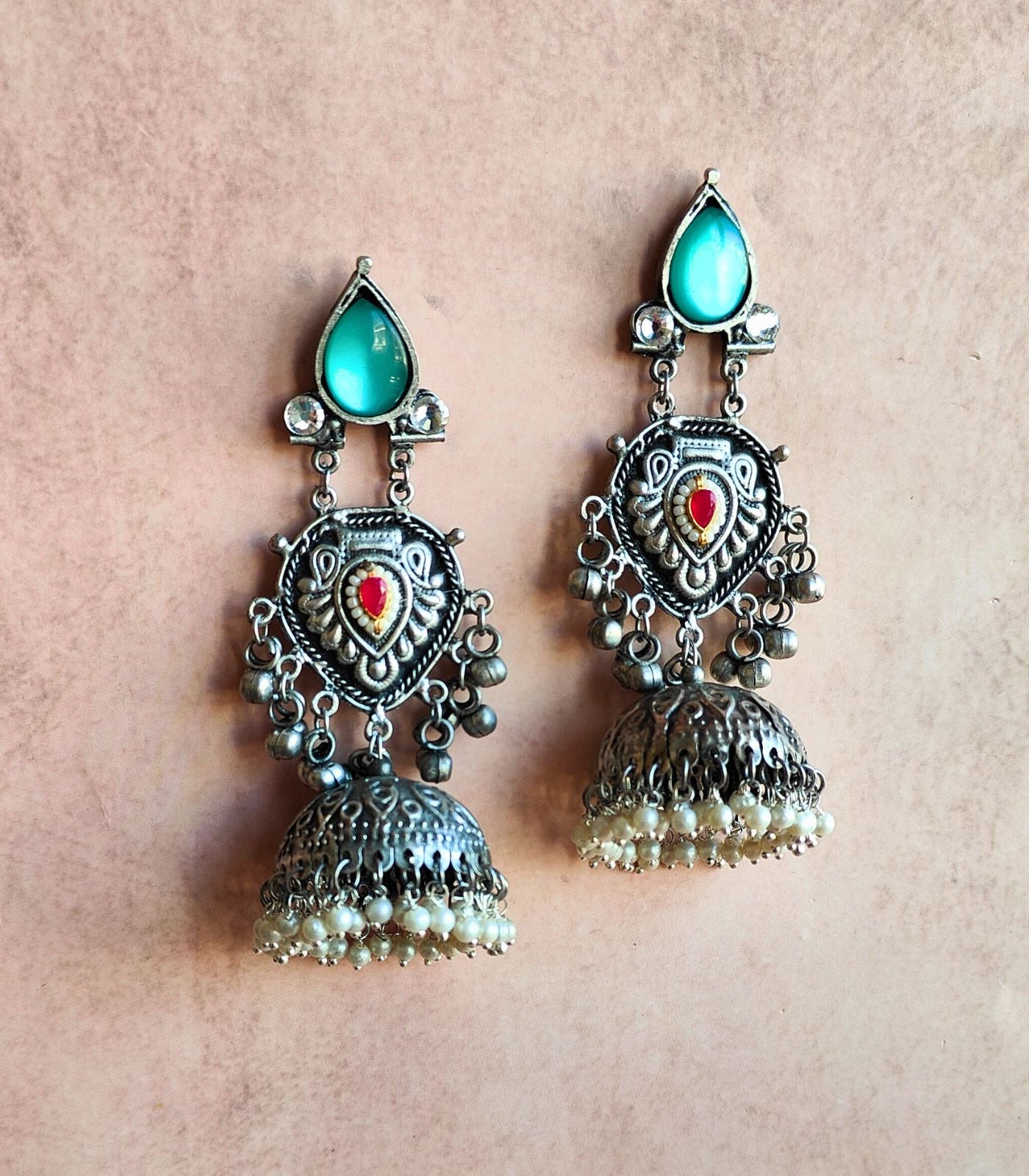 Noor Antique Silver Jhumkas with Turquoise Stone