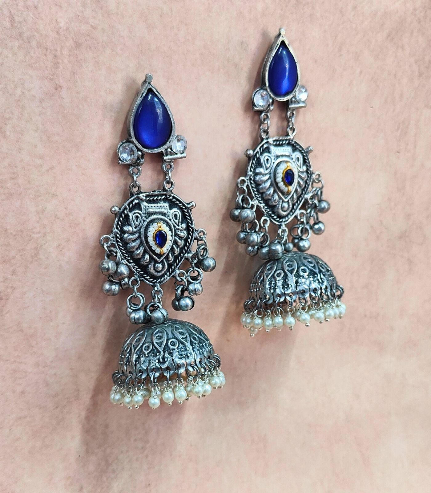 Noor Antique Silver Jhumkas with Blue Stone