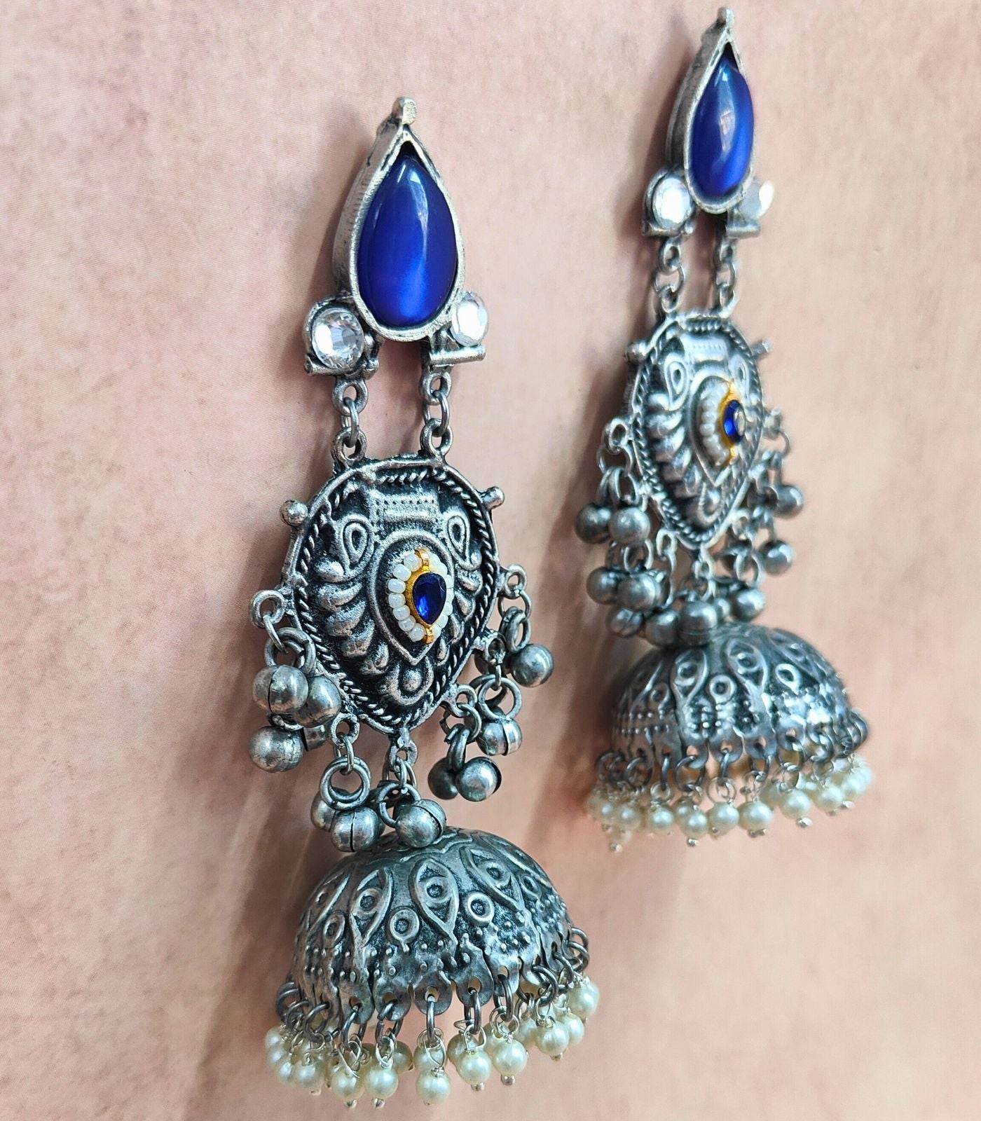 Noor Antique Silver Jhumkas with Blue Stone