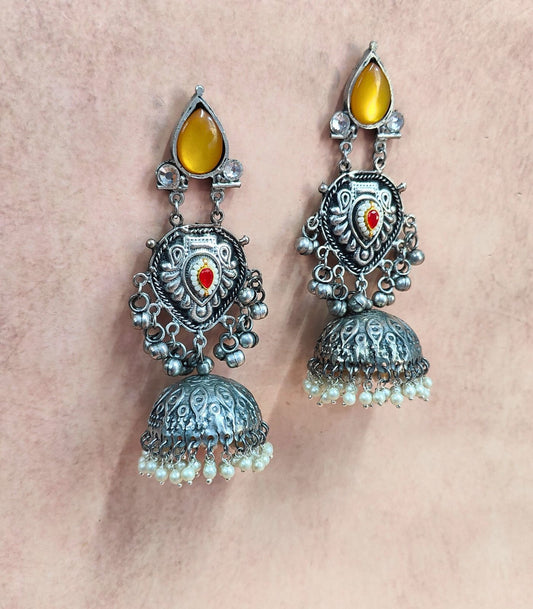 Noor Antique Silver Jhumkas with Yellow Stone