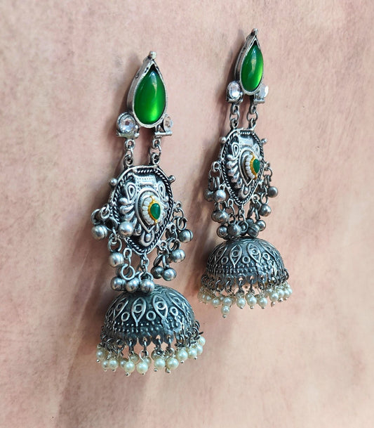 Noor Antique Silver Jhumkas with Green Stone