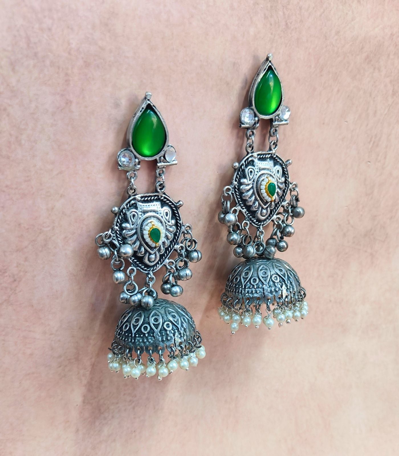 Noor Antique Silver Jhumkas with Green Stone