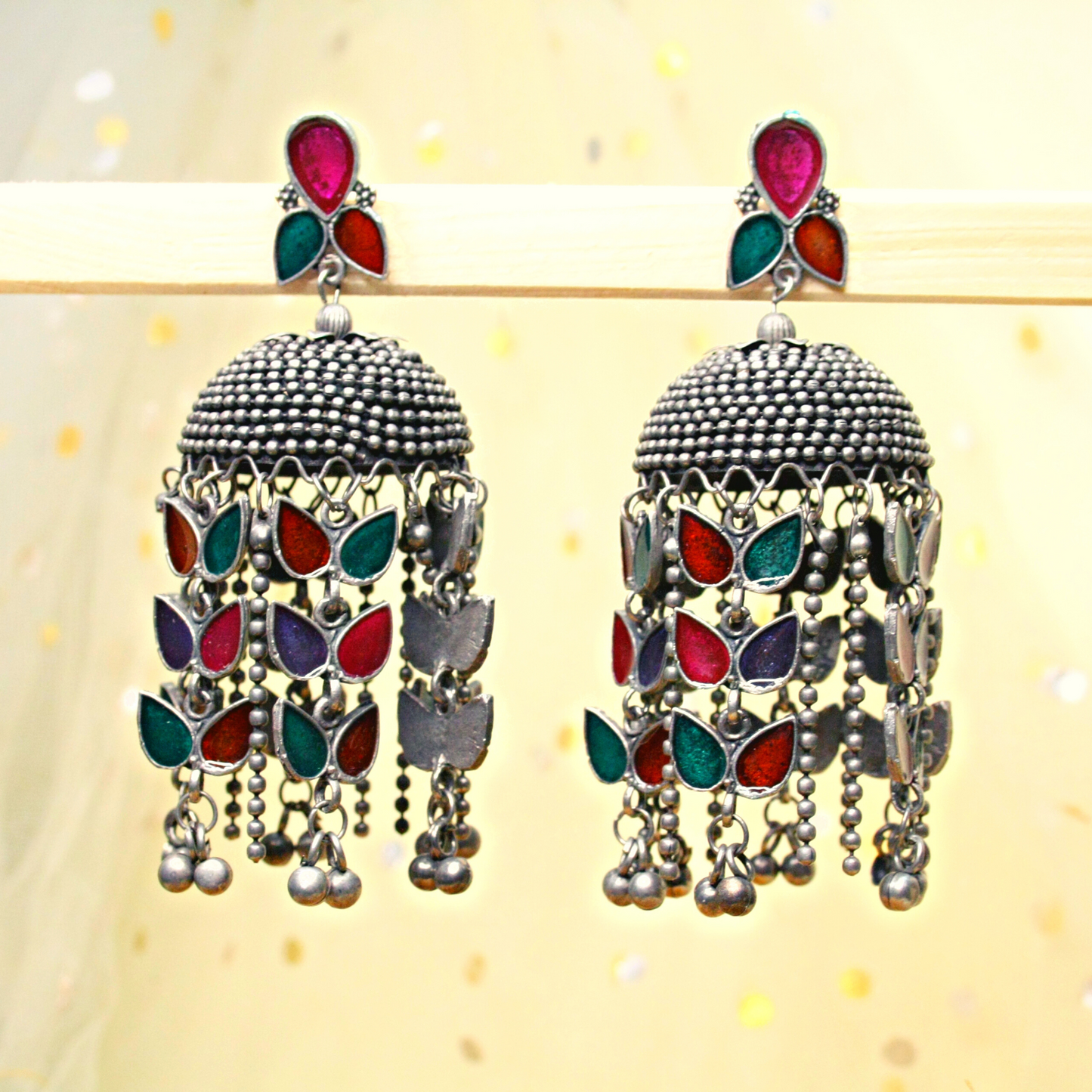 Antique Finish Meenakari Studded Jhumkas