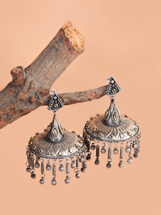 The Oversized Tricone on a cone Jhumkas in White Stone