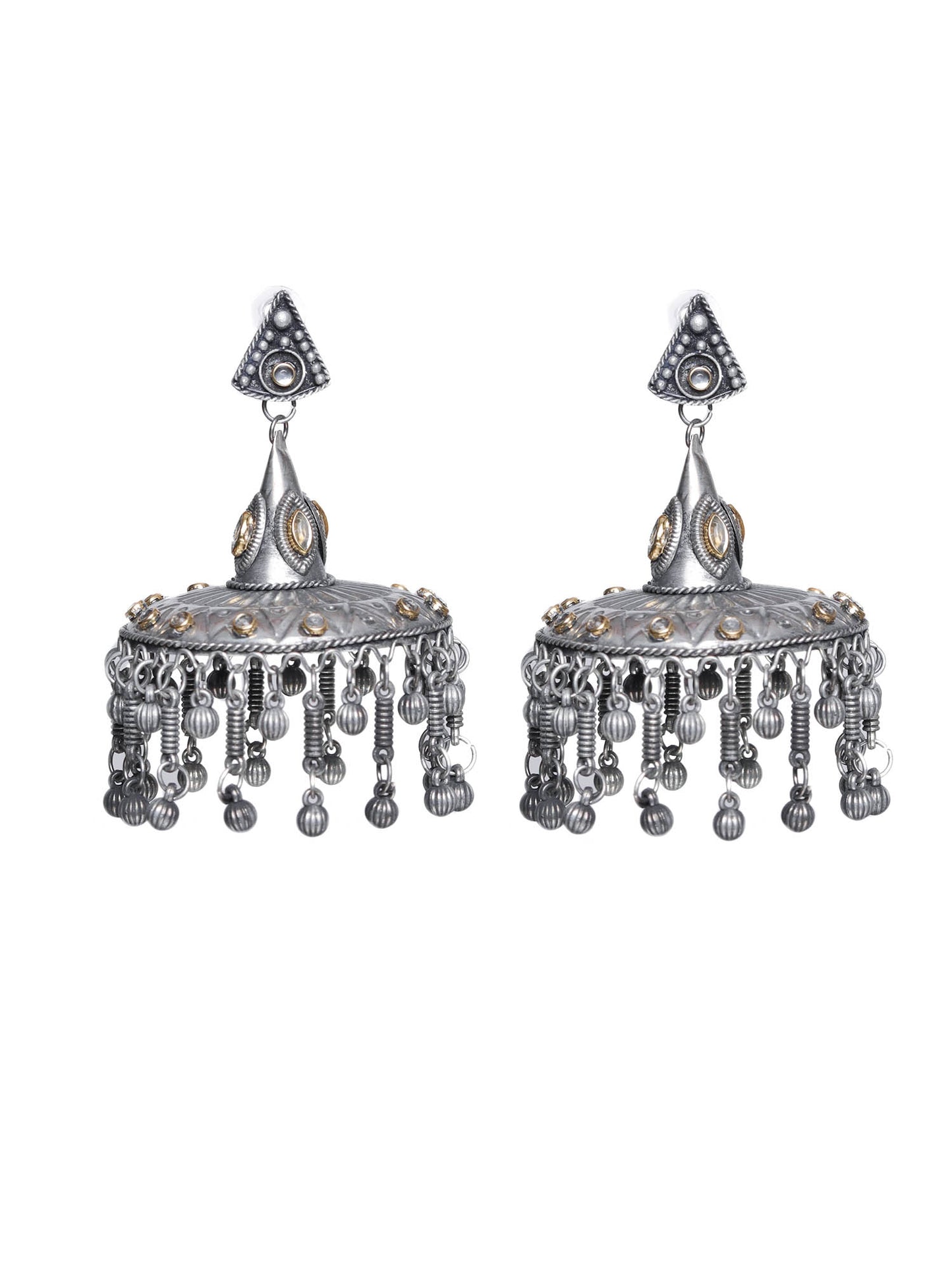 The Oversized Tricone on a cone Jhumkas in White Stone